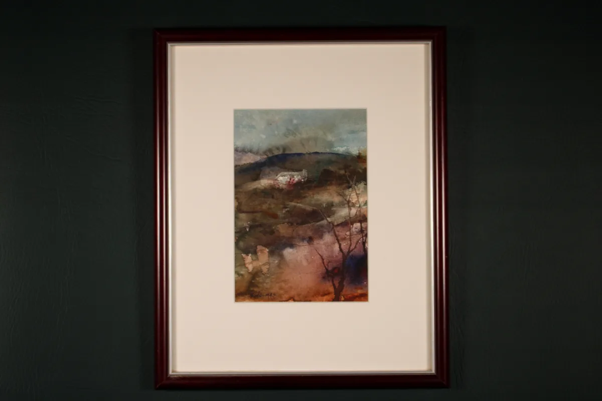 Original watercolor painting titled Farm Near Shrewsbury by Sherry H. Holmes, depicting a rural winter landscape with water. Cool blue tones contrast with warmer rust-colored passages, creating an atmospheric countryside scene. Signed by the artist and presented in its existing frame.