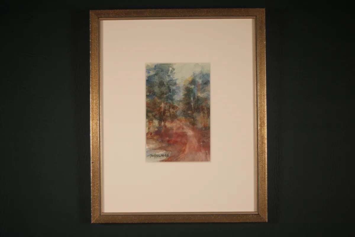 Original framed watercolor Little York Road by Sherry H. Holmes, depicting a rural winter landscape with pale snow-covered ground, sparse trees, darker brush, and subdued earth tones.