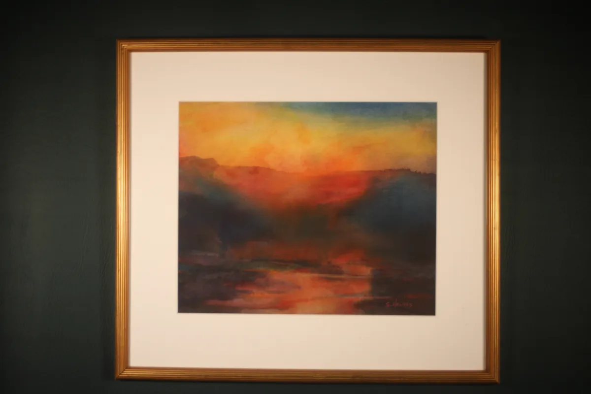Original framed watercolor titled Twilight by Sherry H. Holmes, a signed landscape painting associated with the atmospheric transition from daylight to evening.
