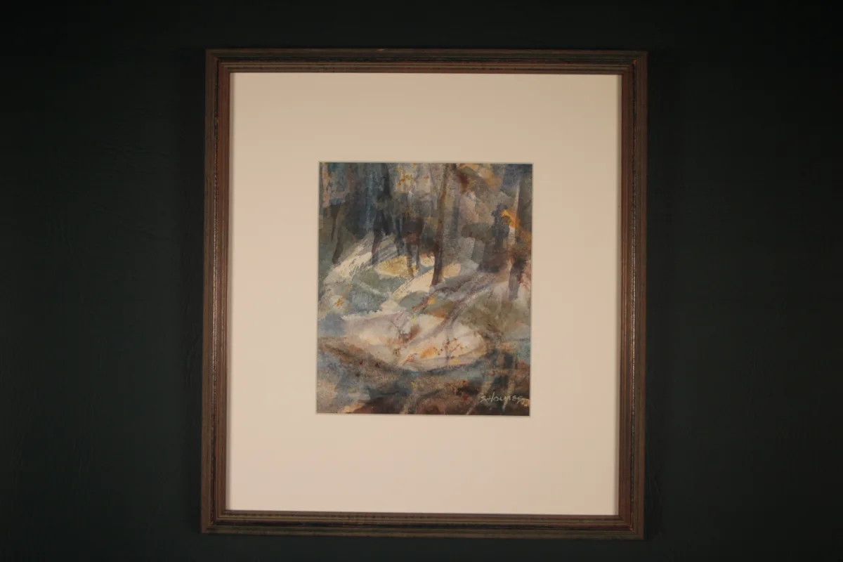 Original framed watercolor titled West Branch by Sherry H. Holmes, a signed landscape painting associated with a regional river or stream.