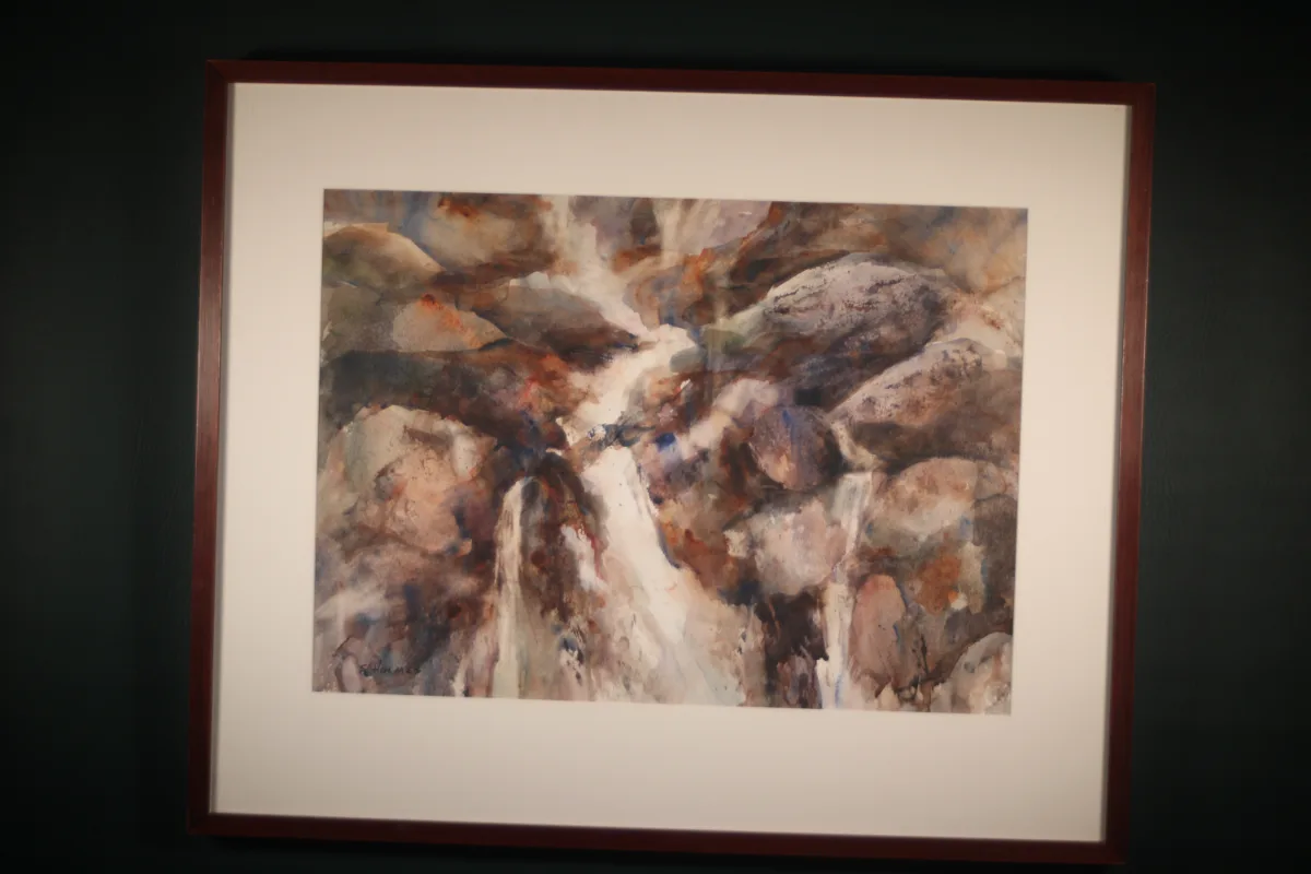 Original framed watercolor painting titled Pikes Falls by Sherry H. Holmes, featuring a waterfall landscape subject.